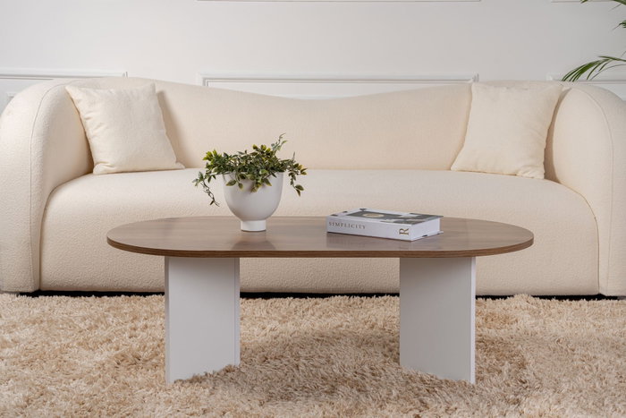 Nordure Mesa de Centro Sable Walnut, White. Mesa de Salón Elegante con Tablero de Partículas Recubierto de Melamina de 18mm en Color Nogal y Blanco.